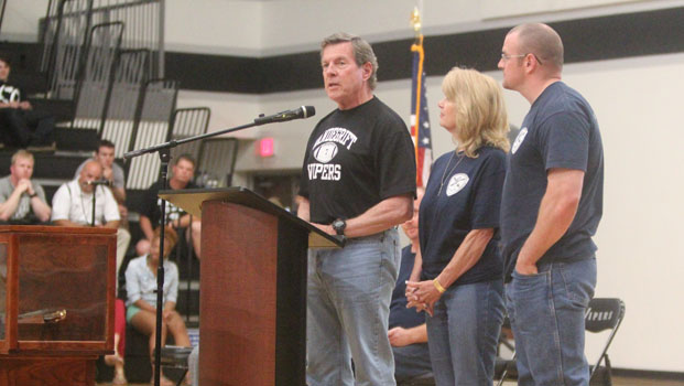 John "Dutch" Vandegrift speaks at Valor Day in April of 2012, accompanied by wife Mary Jane and son Barrett Vandegrift