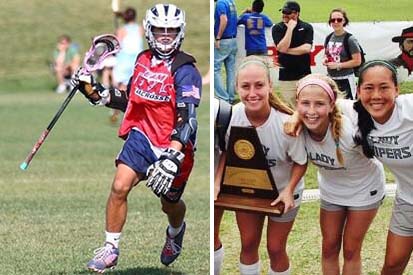 Tyndall far left playing in lacrosse game, Welliver in middle of the viper soccer team after winning state last season.