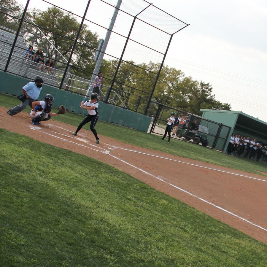 Sarah Richardson takes the plate to bat. Sarah didn’t make it to base but brought a runner in to home. 