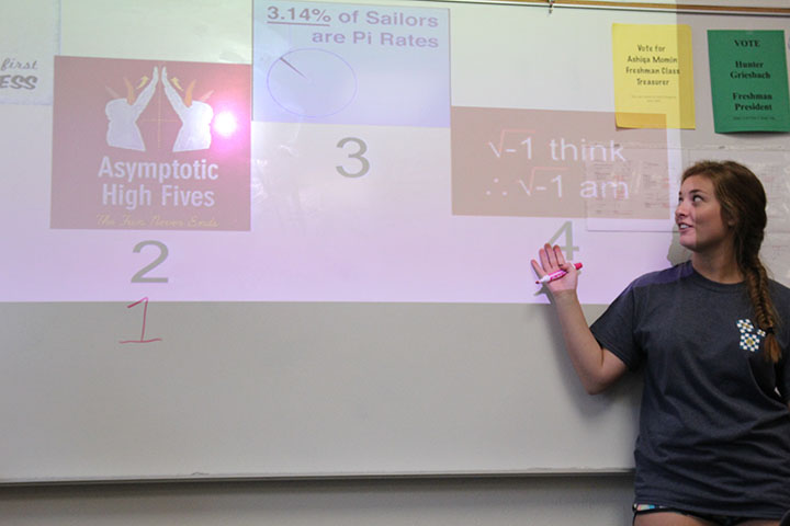 Vice President Peyton Brewster counts votes for different t shirt designs. The Mu Alpha Theta club decided on a math pun to be featured on their t-shirt during their meeting Thursday in Ms. Larsons room.