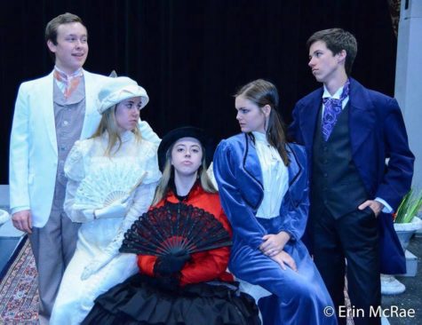 (from left to right) graduate Olsen Kelly, senior Rebecca Wagner, graduate Ellie Sumner, graduate Martha Ruby Clark, and junior Cameron McRae all perform in The Importance of Being Earnest in 2014.
