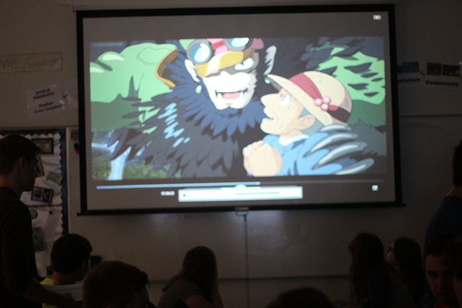 Anime club watches Howls Moving Castle.