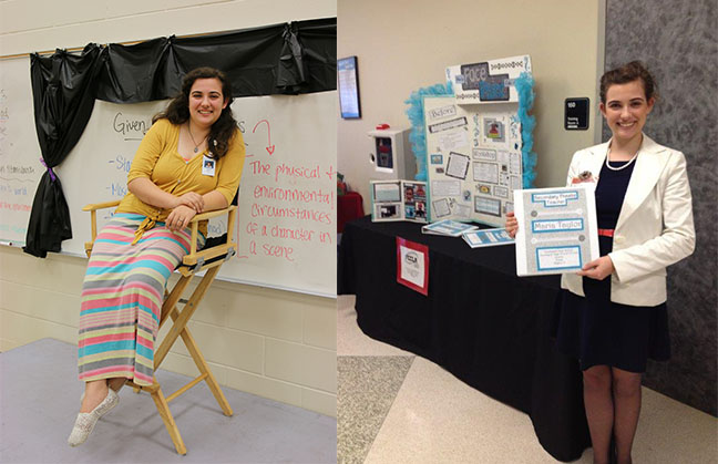 (left) FPMS Director Maria Taylor sits in front of her classroom before her students arrive. (right) Taylor presents her Ready, Set, Teach board to the school board during her senior year at VHS. 