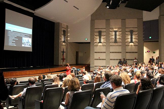 Counselor Peggy Morisset shares information with senior parents on Monday at the Senior Parent Night. held before open house. 