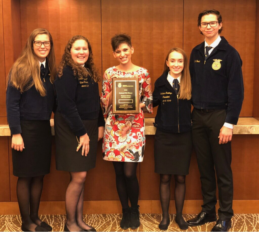 (From left to right) Lauren Stevens, Camille Barkhuizen, adviser Magan Escamilla, Madeline Rawlings and Zach Roush, the team who placed eighth at nationals.