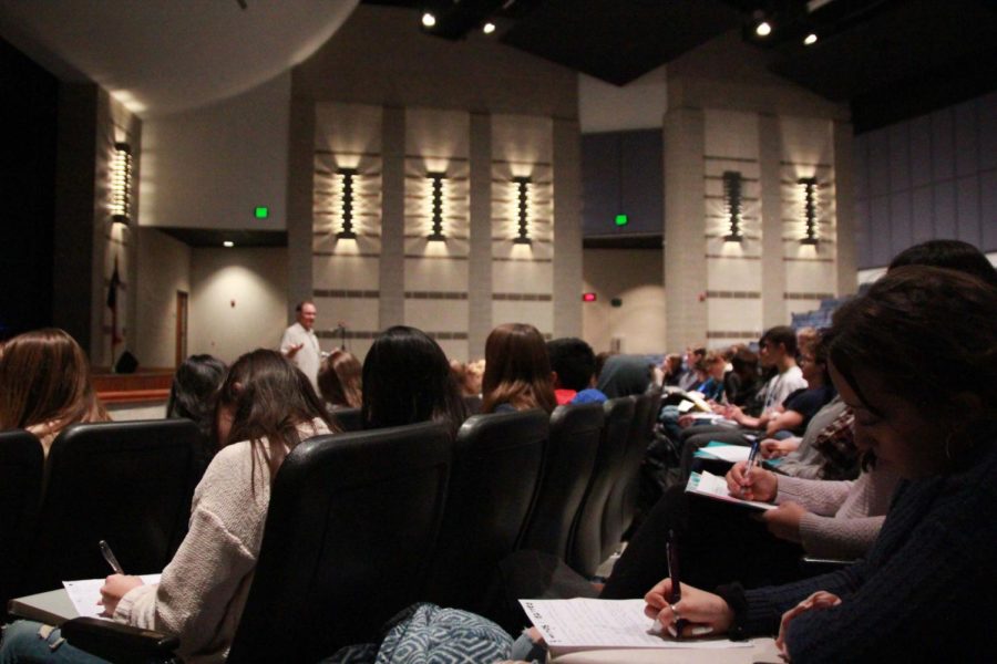 World Geography Students listen to University of Texas research scientist Brent Porter discuss the importance of Geographic Information Systems during Geography Awareness Week on Nov. 14.  