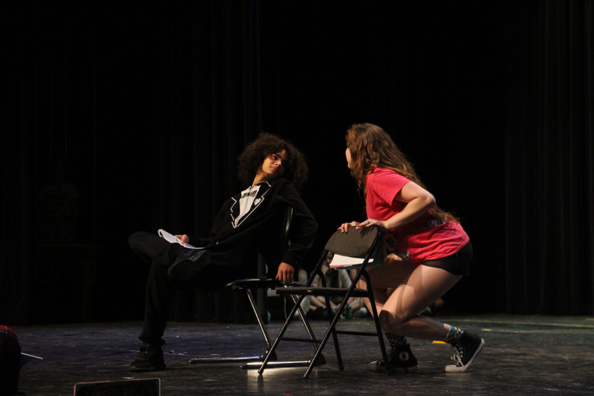 Devon Schaffner (Pepper) gazes into Collier’s eyes (left to right) during the comedic performance of “Does Your Mother Know?” Devon Schaffner is the son of the show’s choreographer Dion Schaffner.