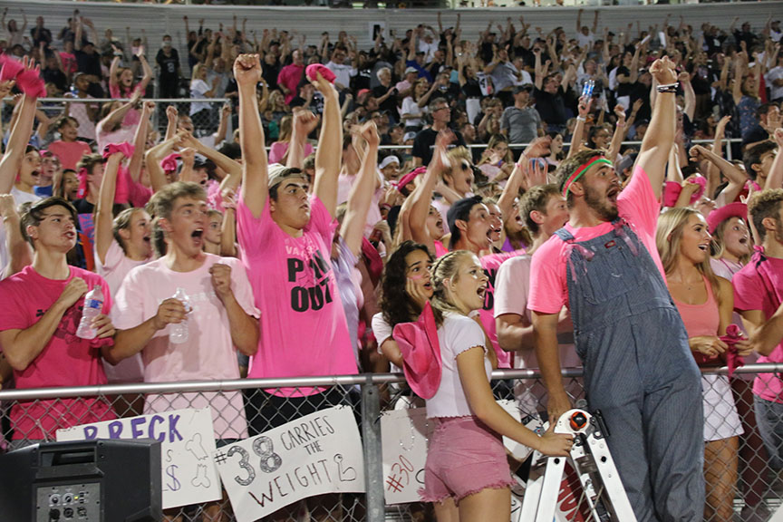 The student section cheers on the team as Vipers get another touch down.  I enjoy being a student section leader because I have always loved leading people and being crazy at football games. I have to be honest, it is always the highlight of my week when I get to hype the student section up at the games, senior Brandon Stelling said.