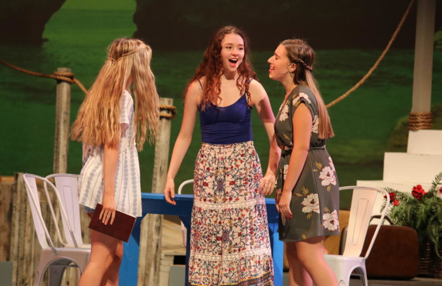 Lawrence [middle] performing a musical number during opening night of Mamma Mia! alongside her cast mates.