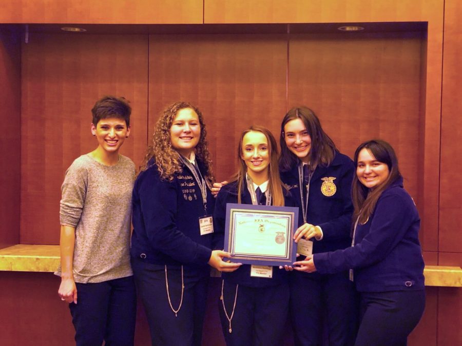 (Left to Right) Magan Escamilla, Camille Barkhuizen, Madeleine Rawlings, Noel Attwood and Tori Botello pose with their award. 