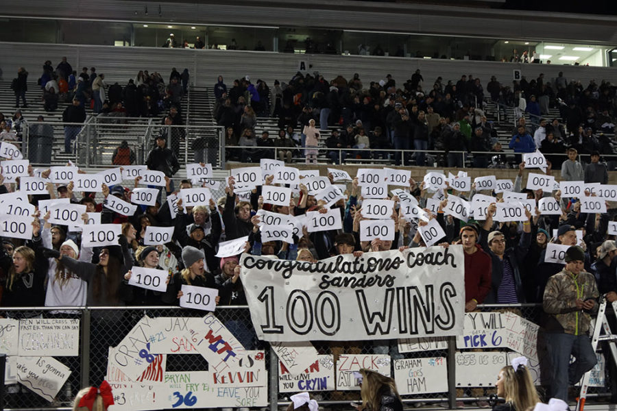 The student section celebrates Coach Drew Sanders 100th win at the end of the Stony Point game. Sanders and the Vipers look for his 101st win at the first playoff game tonight against Bridgeland. 