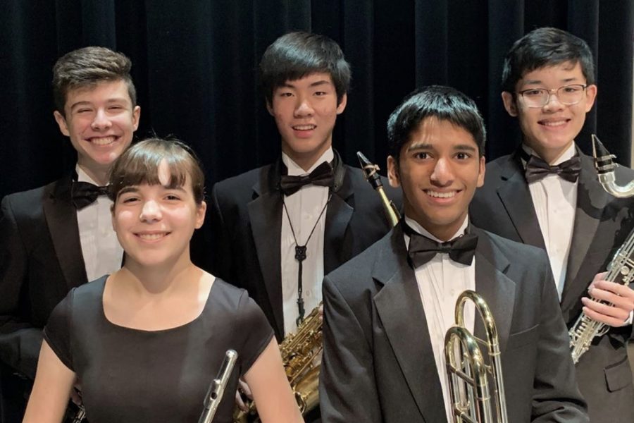 All-State students (from top to bottom, right to left): Ryan Hogarth, Inbo Shim, Nathan Cong, Sophie Wills and Amaan Syed pose with their instruments 