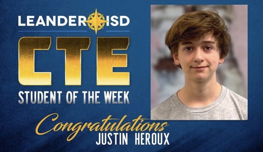 Justin Heroux is announced CTE student of the week for typing 100 words per minute. 