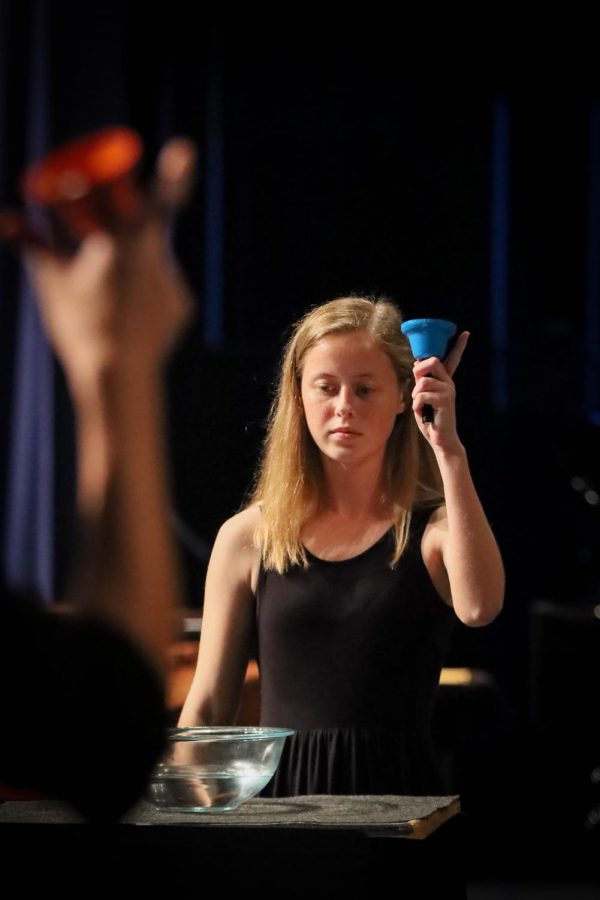 Senior Jacqueline Hines and three other Wind Ensemble members work together to perform The Honey Bee. The piece involved intricate hand bell choreography and a collaboration of solos.