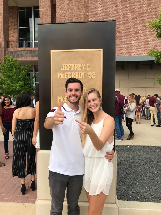 Vandegrift Alumni, Alex Lutz, poses for a picture with Elise Lutz after receiving his Aggie ring.
