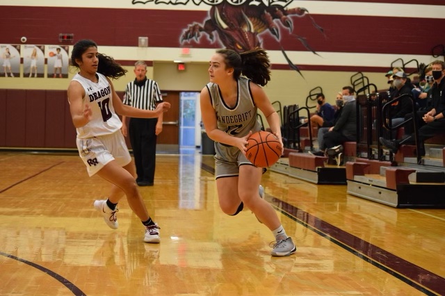 Senior Laura McClintock dodges another basketball player in a game