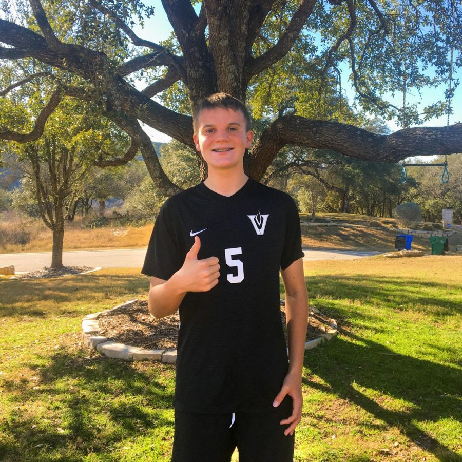 Freshman+and+JV+A+captain+Rory+Jacops+gives+a+thumbs+up+while+sporting+his+soccer+uniform.