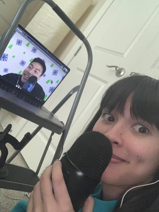 Cousins Meneses and David during a recording of their podcast.