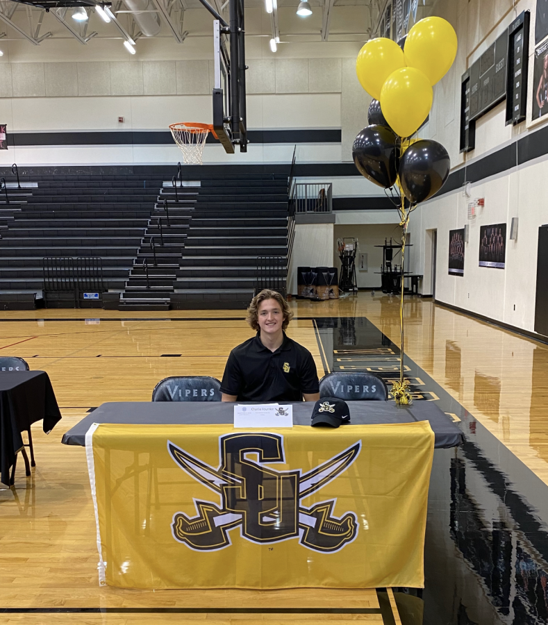 Kicker Charlie Fournier smiles at Signing Day, which was held at Vandegrift High School.