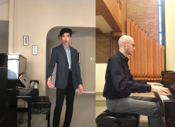 Akash Shah, sophomore and one of the solo contest winners, sings beside a video of his accompanist, Austin Haller.