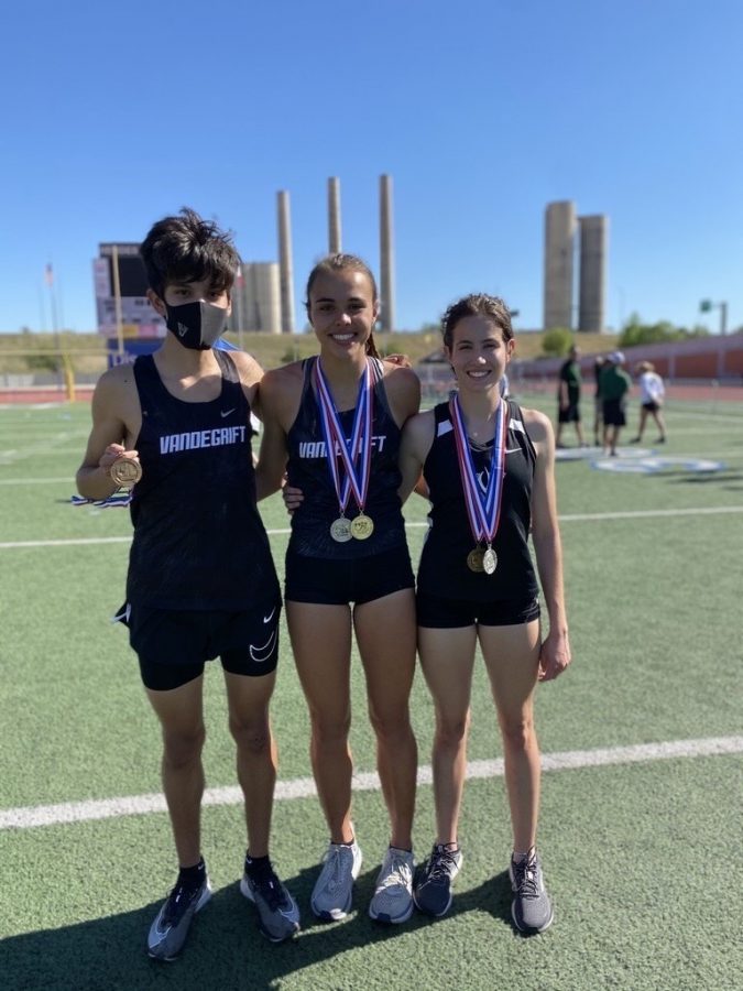 Kevin Sanchez, Gemma Goddard, and Maci Simons at the Region track meet, after they found out they qualified for state