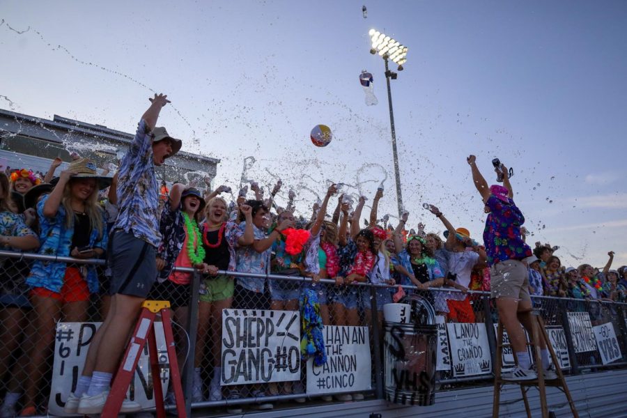 The Vandegrift student section cheers as the football game commences against the Ellison Eagles. 