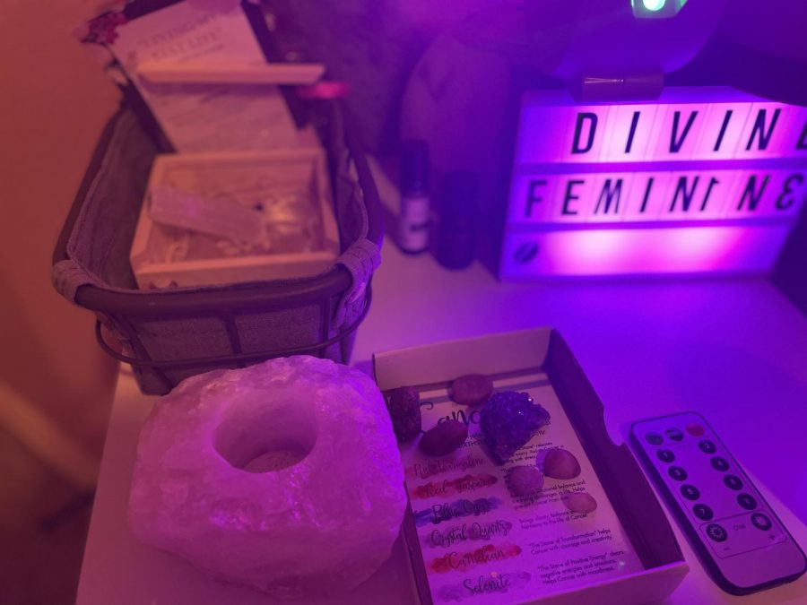 Junior Emerson Hartman keeps her crystal setup on her nightstand.