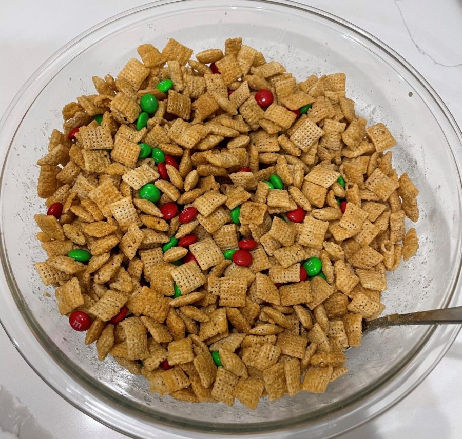Freshly made Caramel Christmas Chex mix with red and green M&M’s for the Christmas spirit!