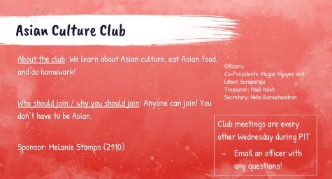 Various Asian Culture Club members share their diverse cultures and unique traditions.
