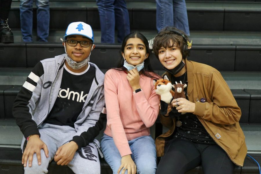 Sophomore officers Sapna Bhatt and Vixx Welborn sit alongside Senior officer Collin Anderson happily representing LGBTVipers+ club