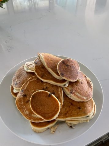 Homemade chocolate chip pancakes that I made on a nice Saturday morning