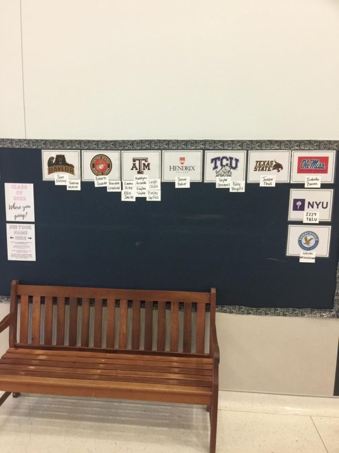 A wall at Vandegrift High School showing where seniors will be going after high school.