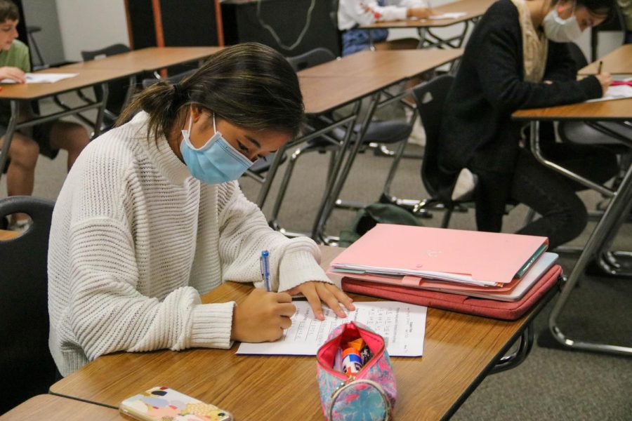 Chinese class students work on exercises in Ms. Xies class on Dec. 3 to help advance their Chinese skills.  The Chinese class was very small and still able to distance. 