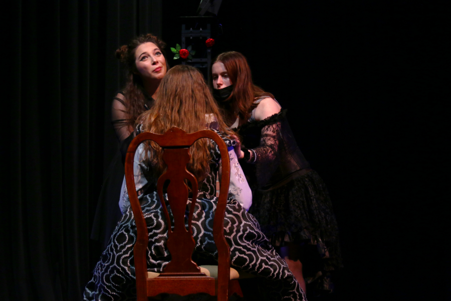 Emerson Hartman, Haley Sekel, and Ashley Benedict rehearse one of their scenes together 