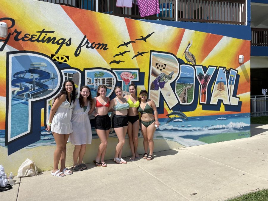 Pictured left to right: Arabella Villarroel, Kate Dennis, Ella Stapleton, Kassy Payne, Ava James, and Adriana Rangel posing for a photo at the resort