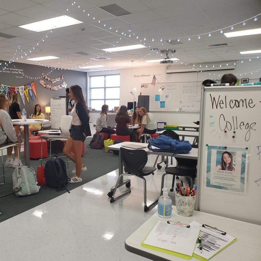 Students gather in Ms. Spradlings room during PIT. Senior workdays are held three times a week to assist seniors in their application process. 