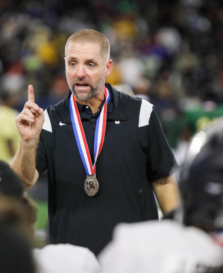 Head Coach Drew Sanders talks with his team post game one last time. Sanders started the program at Vandegrift when it opened with just a JV team.