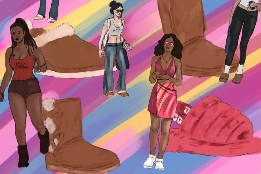 drawing of UGG boots surrounded by people styling them differently; set against rainbow background