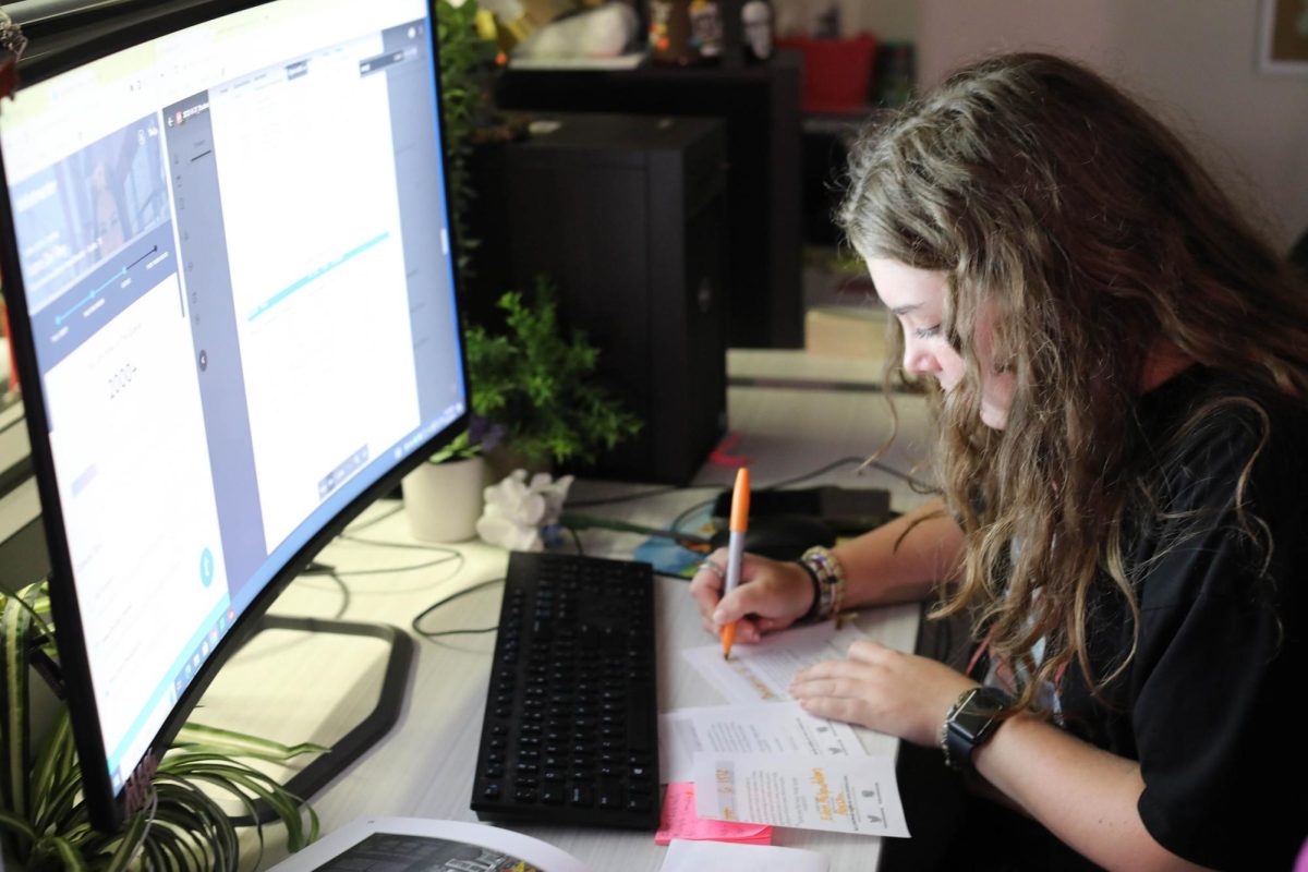 The Veteran yearbook senior editor-in-chief Alyssa Hoy writes a pass for a student to interview for her theme pages. Hoy developed this years theme over the summer at a workshop along with seniors Kylie Pucong and Fabiana Santucci.