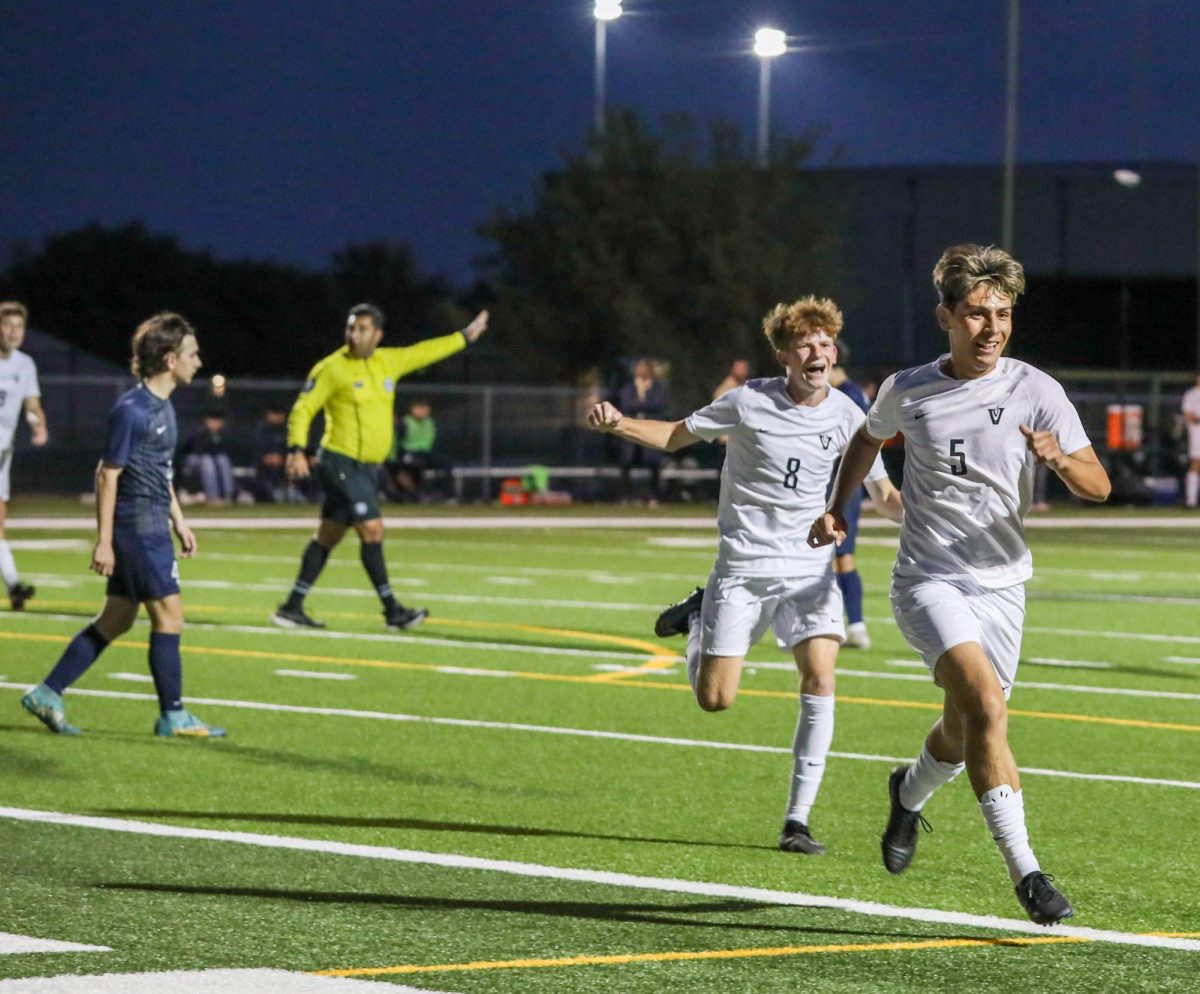 Emmy Aranda celebrates his first goal against Akins in round one of the UIL soccer playoffs.