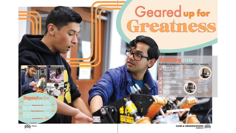 Yearbook staff members, juniors Mary Bahrami and Maya Bustami, earn first place in the state for their clubs spread focused on robotics from the current year's yearbook Interscholastic Press Association's individual achievement awards.
