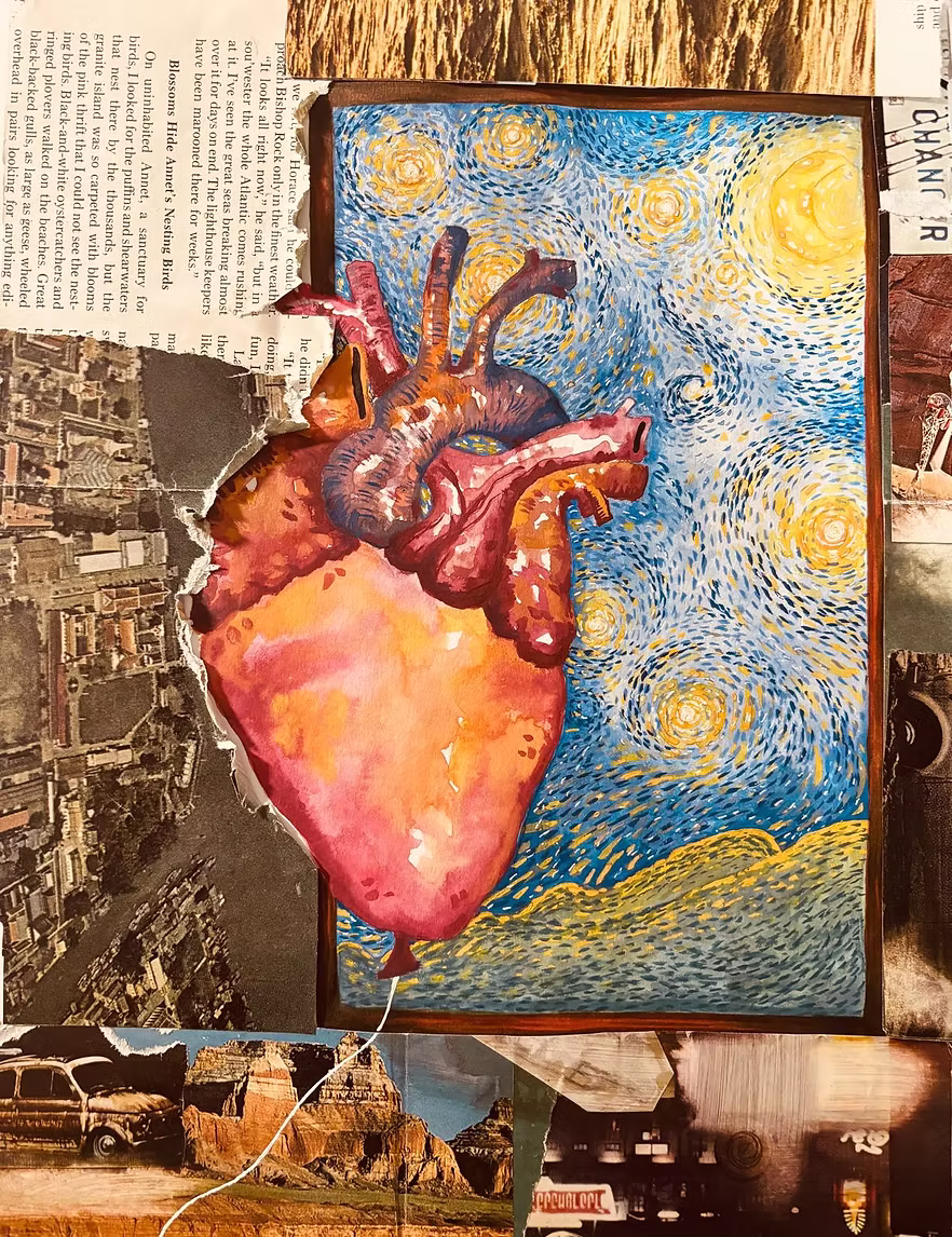 This piece is called "Heartstrings." In this piece, the heart is imagined as a fragile balloon, tethered by a string in a chaotic, cluttered room, symbolizing the inner turmoil and constraints of
adolescence. 