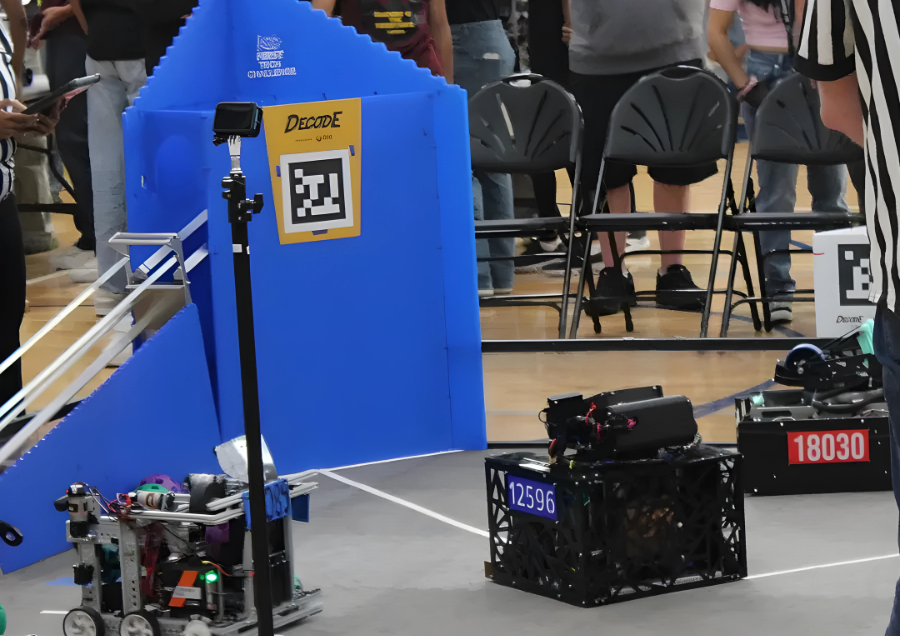Teams 1596 Copperhead and 18030 Leviathan participate in a match. This is qualifying 13 in the Recon division, with Leviathan winning red alliance which scored 73 points, and Copperhead on the blue alliance that scored 38 points.