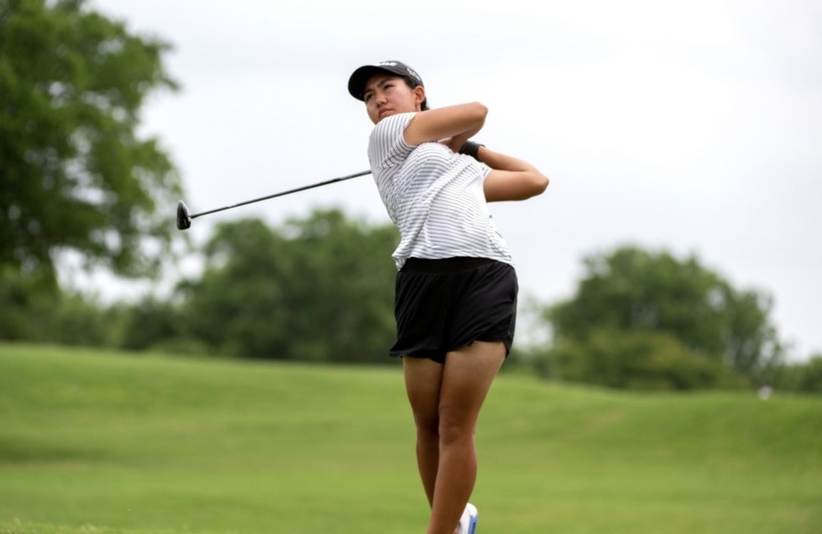 Junior Michaela Partridge swings at the UIL state spring tournament on April 25. The team placed second with Partridge having a 144 total over the two-day event, only being two strokes behind the champion. 
