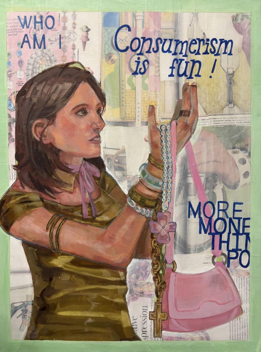 Junior Kaelyn Owens paints their piece for the Visual Arts Scholastic Event competition  on Feb. 14 in Georgetown High School. The piece is meant to be a comment on the common act of consumerism.