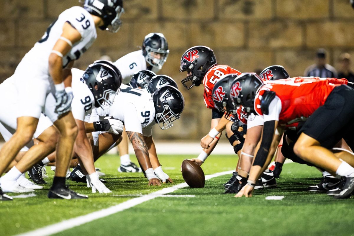 The Viper defensive line gets set for a red zone snap in a 21-10 win over Vista Ridge on Sept. 26 at Gupton Stadium. 