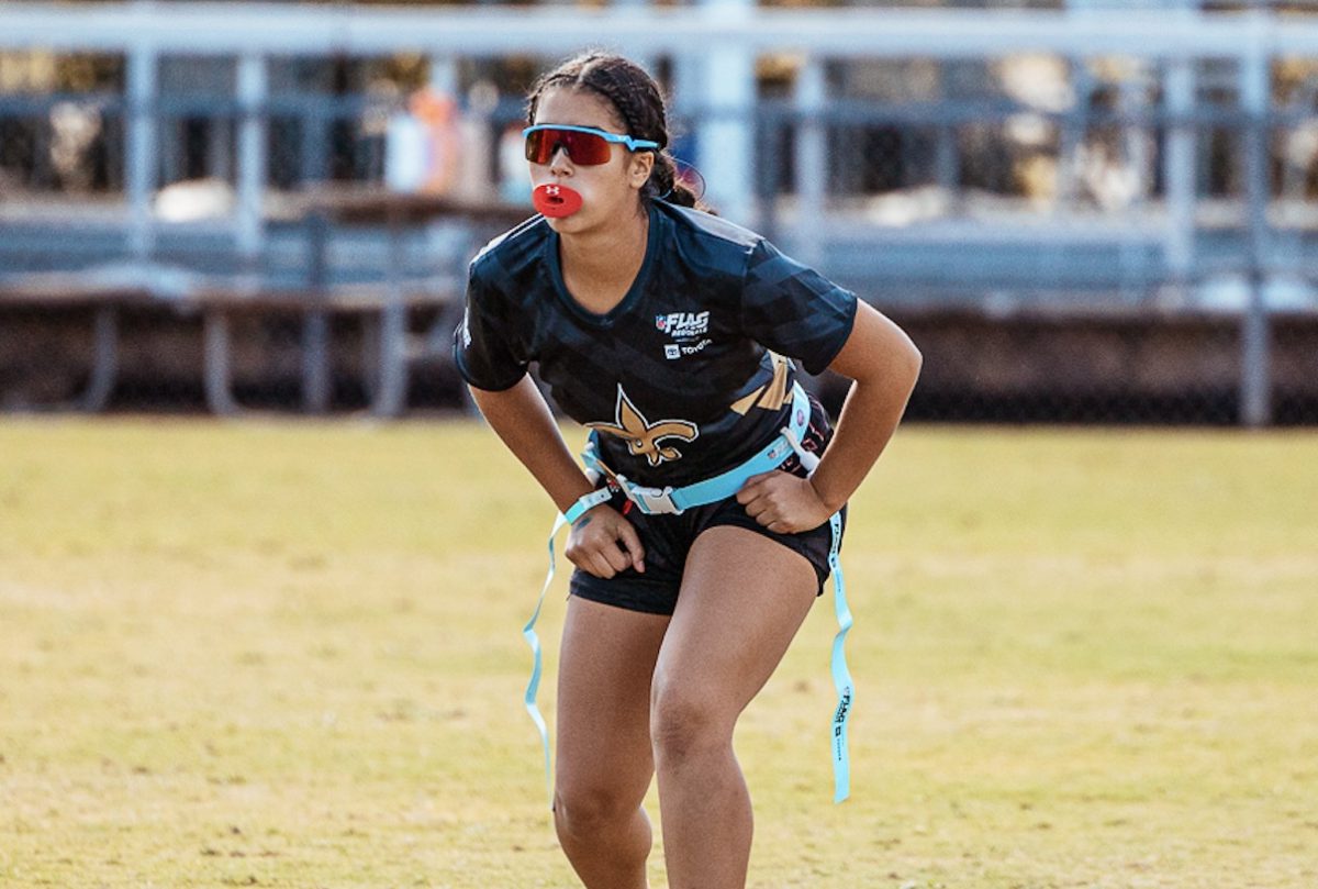 Freshman Sophia Ochoa plays against the Golden Girls Elite Football Team at the New Orleans Saints Regional Tournament on Nov. 1 with her team at Texas Fury.