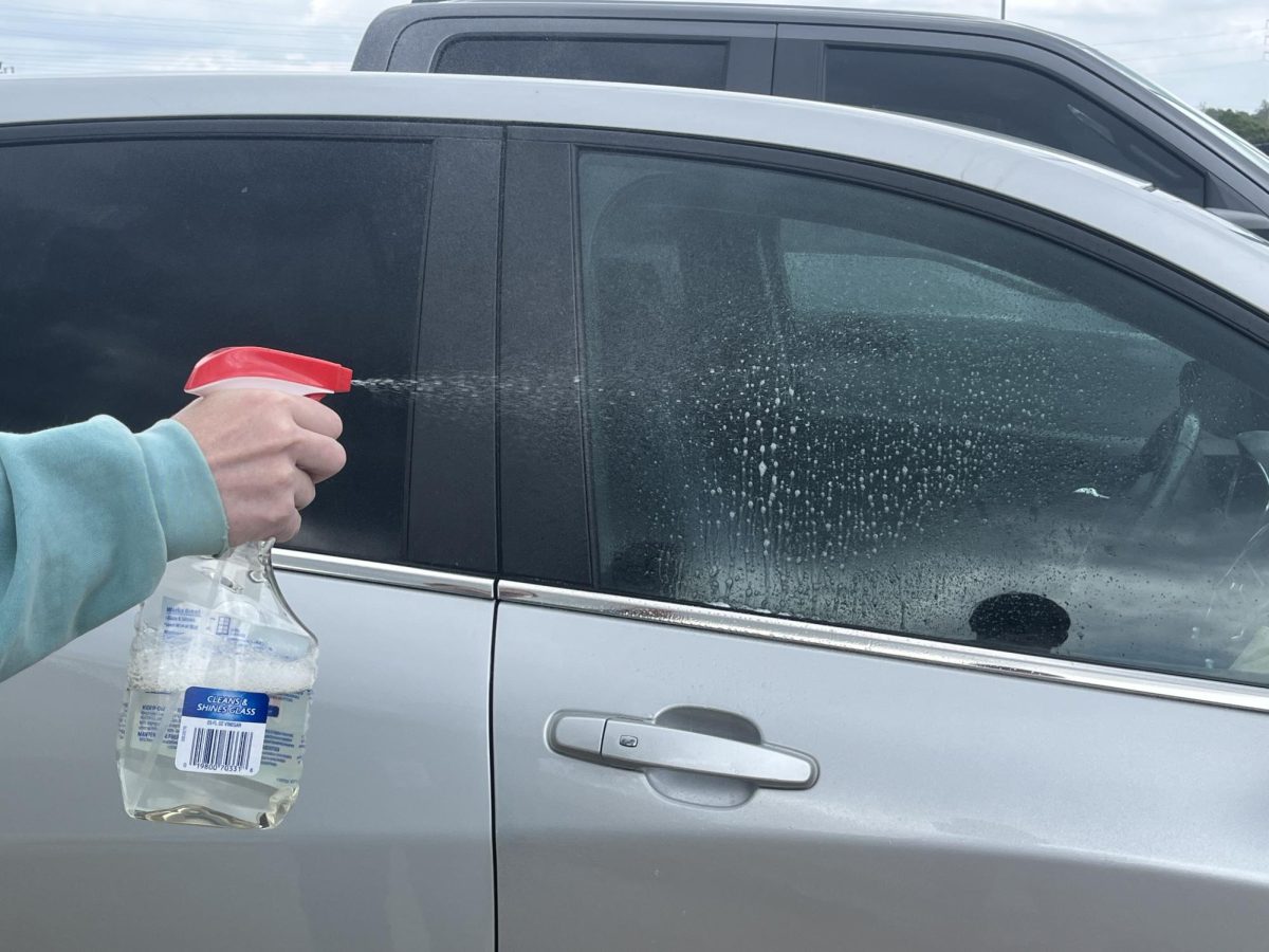 Window spray is sprayed onto a car in an effort to clean the windows and make the car look nicer. Jobs such as car detailing are a common option for sophomore boys looking for a summer job. 